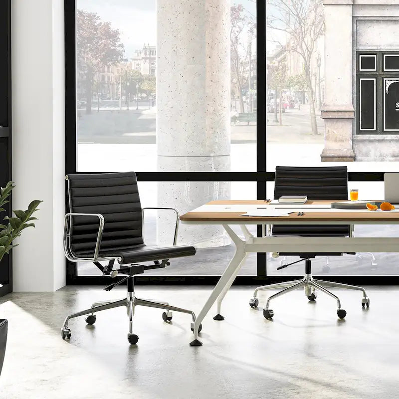 Chaise de bureau ergonomique à dossier bas en cuir véritable et côtelée