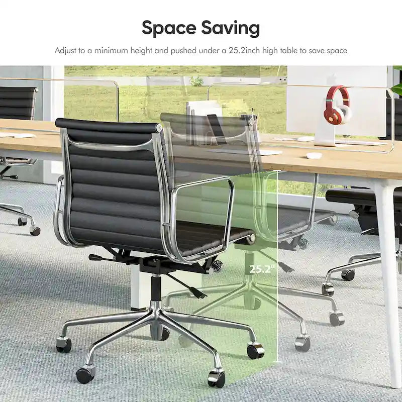 Chaise de bureau ergonomique à dossier bas en cuir véritable et côtelée