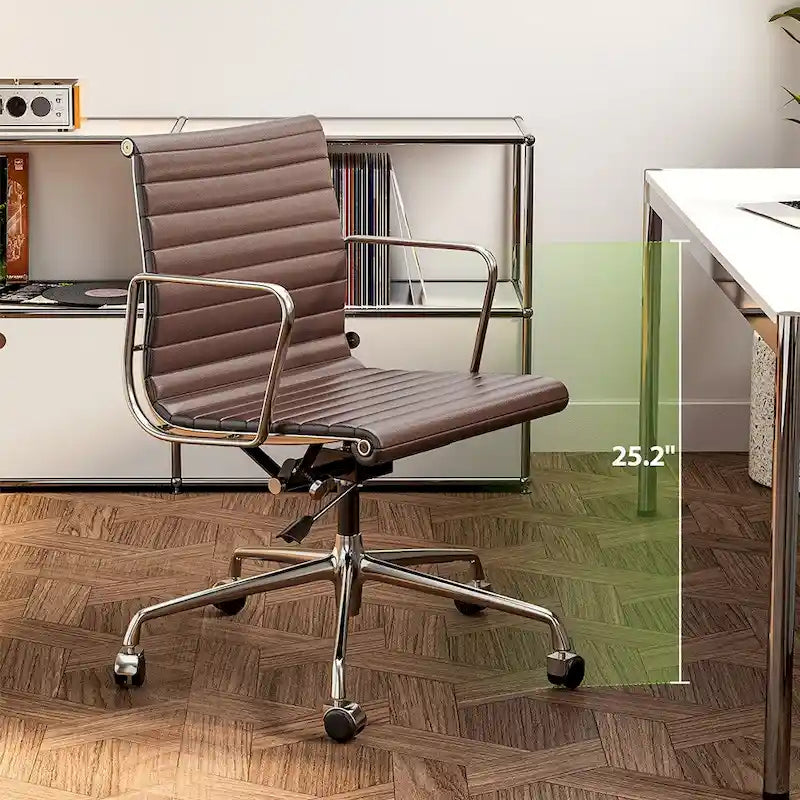 Chaise de bureau ergonomique à dossier bas en cuir véritable et côtelée