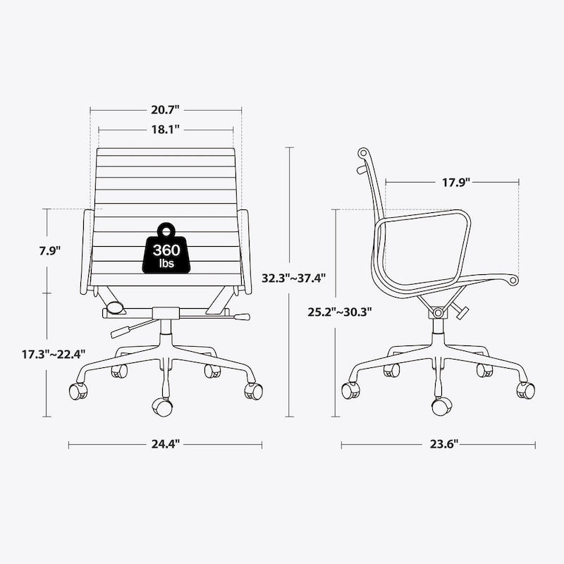 Chaise de bureau ergonomique à dossier bas en cuir véritable et côtelée