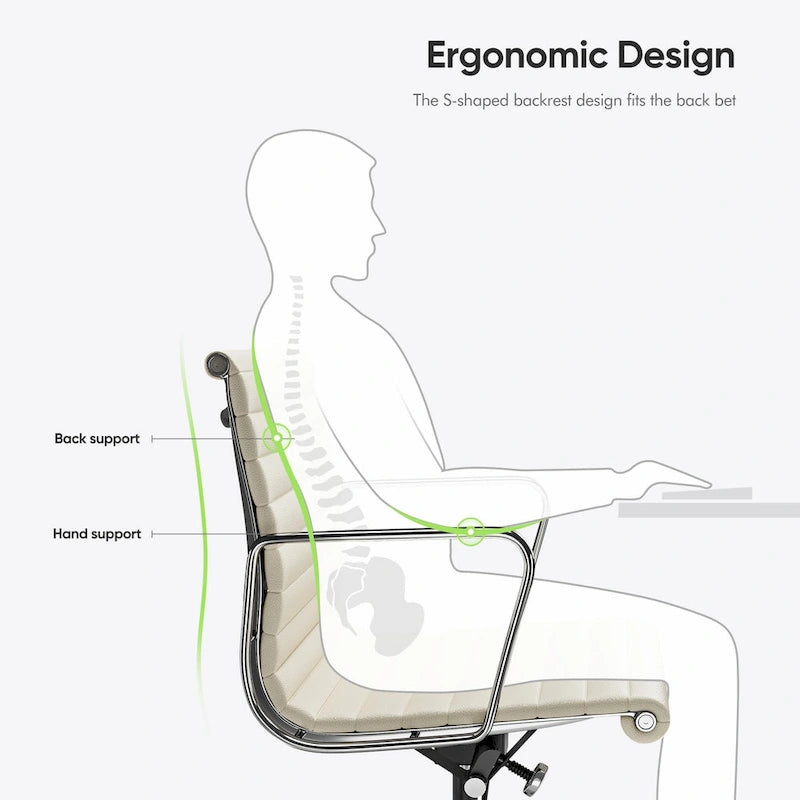 Chaise de bureau ergonomique à dossier bas en cuir véritable et côtelée