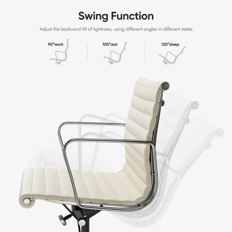 Chaise de bureau ergonomique à dossier bas en cuir véritable et côtelée