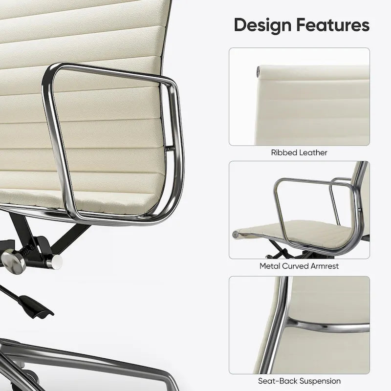 Chaise de bureau ergonomique à dossier bas en cuir véritable et côtelée