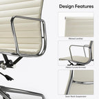 Chaise de bureau ergonomique à dossier bas en cuir véritable et côtelée