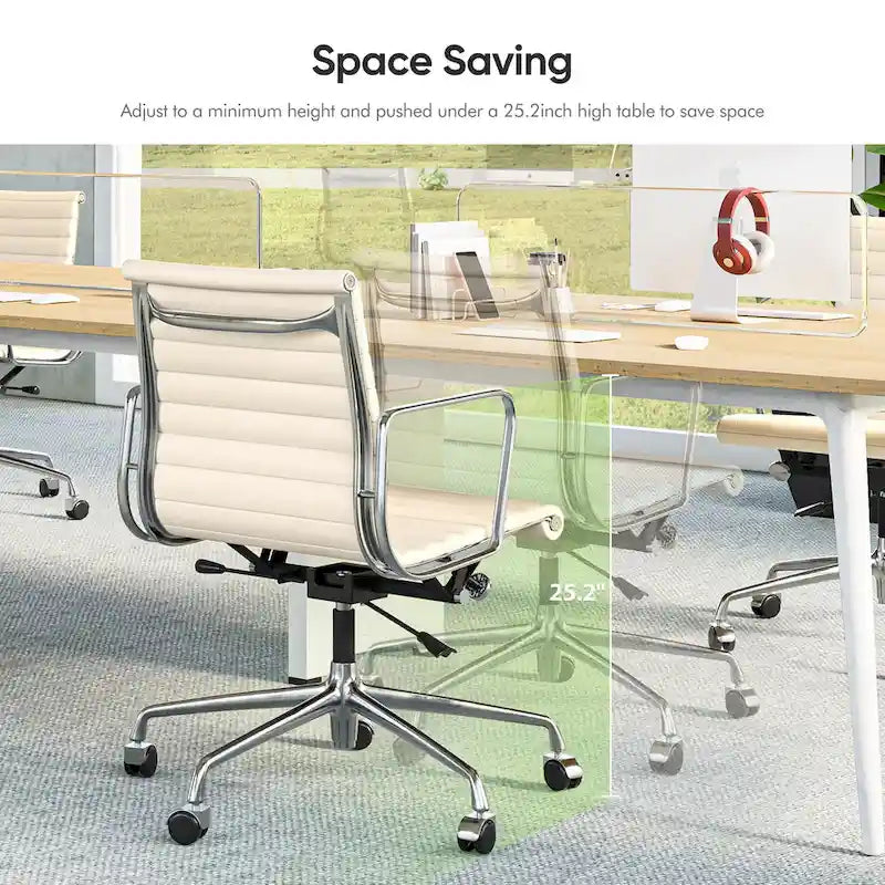 Chaise de bureau ergonomique à dossier bas en cuir véritable et côtelée