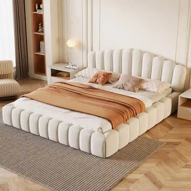 Cadre de lit Queen en velours avec tête de lit en forme de coquille pour chambre à coucher, pas besoin de sommier tapissier, beige