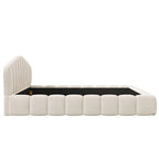 Cadre de lit Queen en velours avec tête de lit en forme de coquille pour chambre à coucher, pas besoin de sommier tapissier, beige