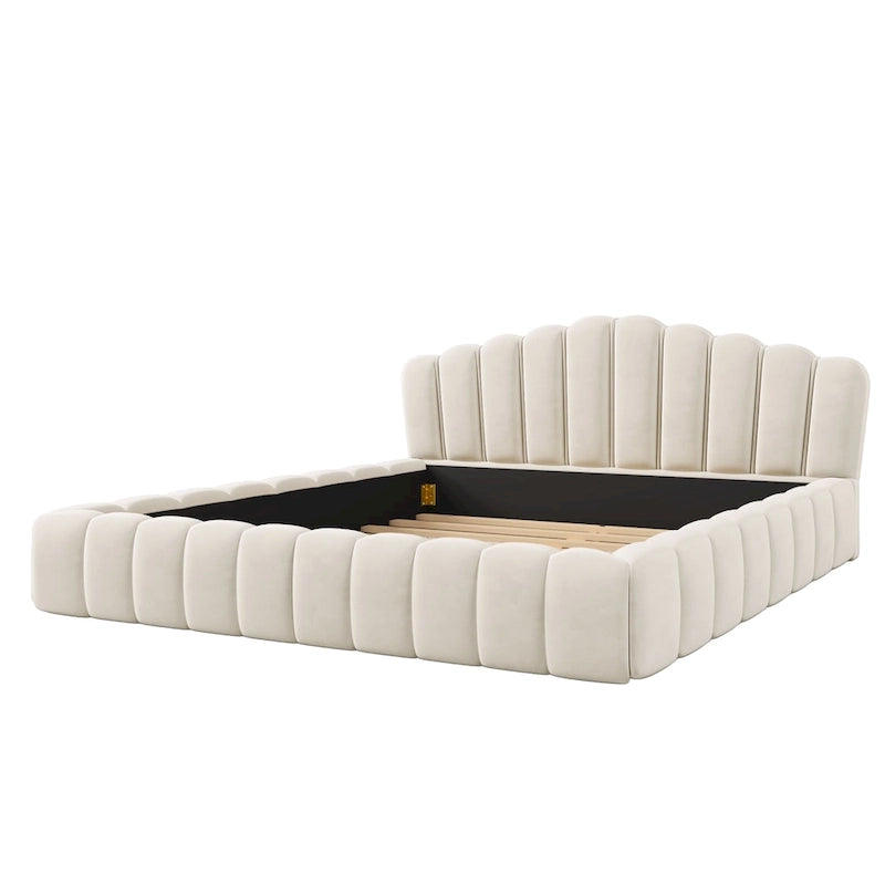 Cadre de lit Queen en velours avec tête de lit en forme de coquille pour chambre à coucher, pas besoin de sommier tapissier, beige