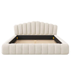 Cadre de lit Queen en velours avec tête de lit en forme de coquille pour chambre à coucher, pas besoin de sommier tapissier, beige