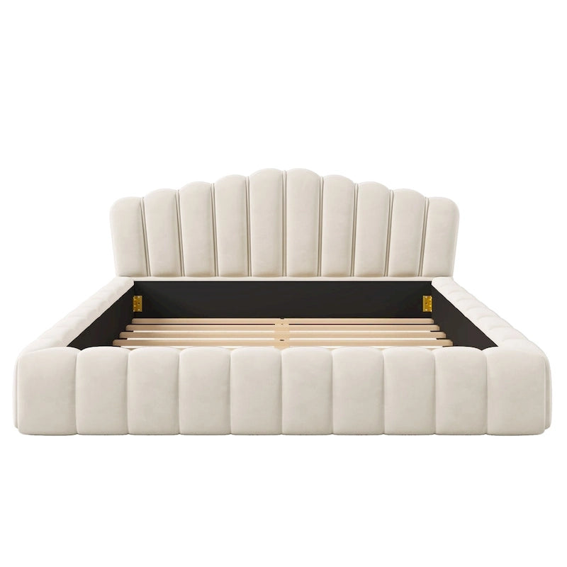 Cadre de lit Queen en velours avec tête de lit en forme de coquille pour chambre à coucher, pas besoin de sommier tapissier, beige