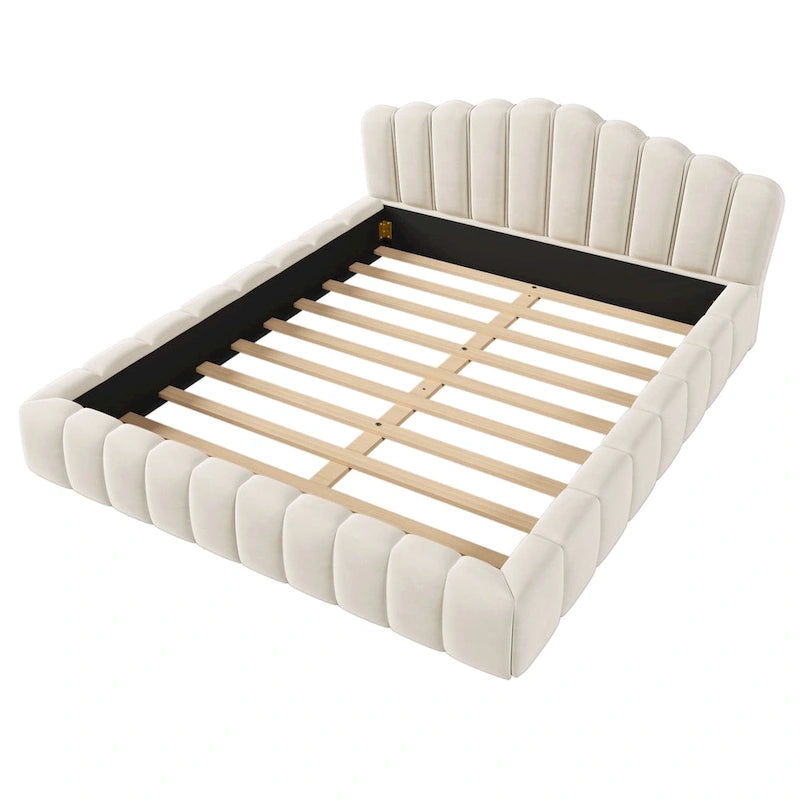 Cadre de lit Queen en velours avec tête de lit en forme de coquille pour chambre à coucher, pas besoin de sommier tapissier, beige