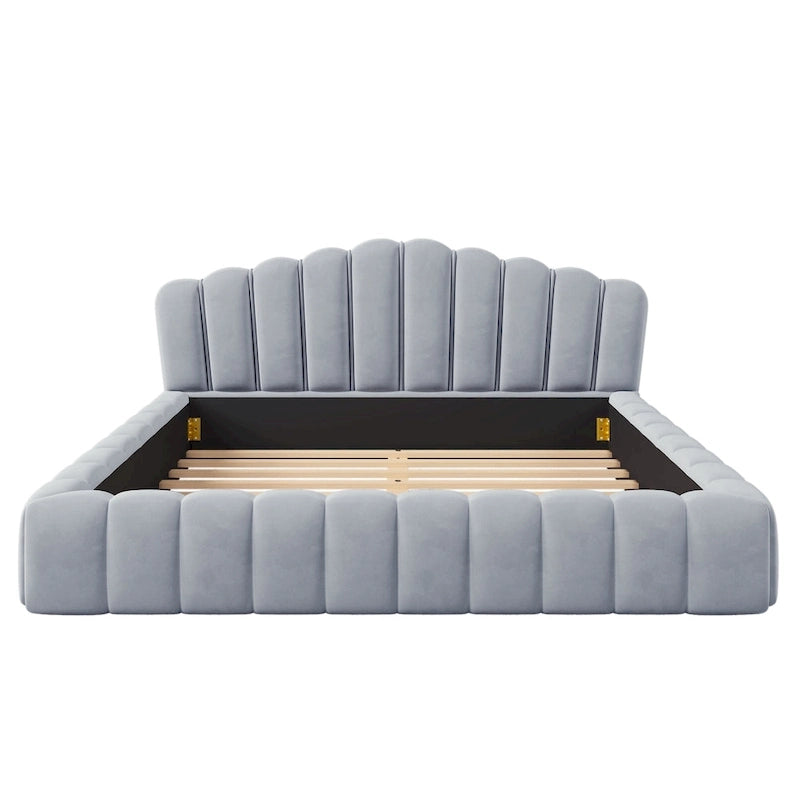 Cadre de lit Queen en velours avec tête de lit en forme de coquille pour chambre à coucher, pas besoin de sommier tapissier, beige