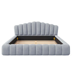 Cadre de lit Queen en velours avec tête de lit en forme de coquille pour chambre à coucher, pas besoin de sommier tapissier, beige