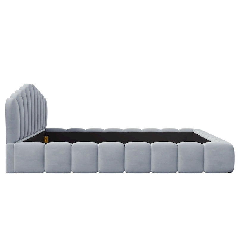 Cadre de lit Queen en velours avec tête de lit en forme de coquille pour chambre à coucher, pas besoin de sommier tapissier, beige