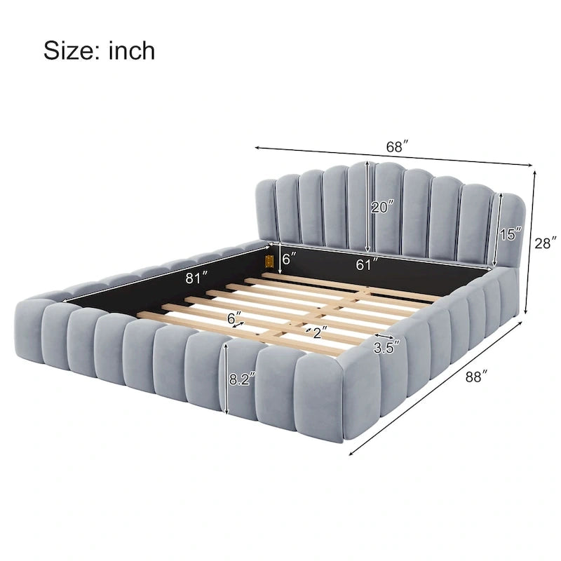 Cadre de lit Queen en velours avec tête de lit en forme de coquille pour chambre à coucher, pas besoin de sommier tapissier, beige