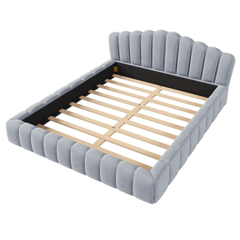 Cadre de lit Queen en velours avec tête de lit en forme de coquille pour chambre à coucher, pas besoin de sommier tapissier, beige