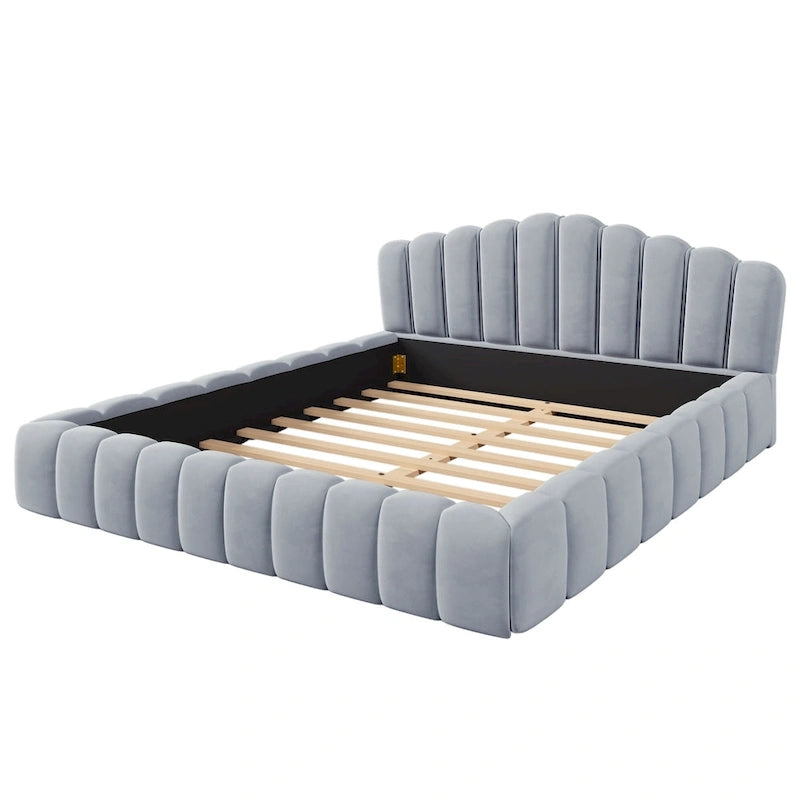 Cadre de lit Queen en velours avec tête de lit en forme de coquille pour chambre à coucher, pas besoin de sommier tapissier, beige