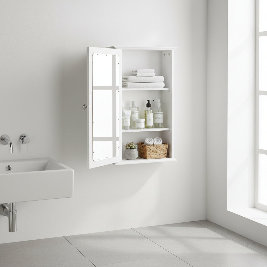 Armoire murale de salle de bain à porte simple avec miroir et étagère, coloris blanc