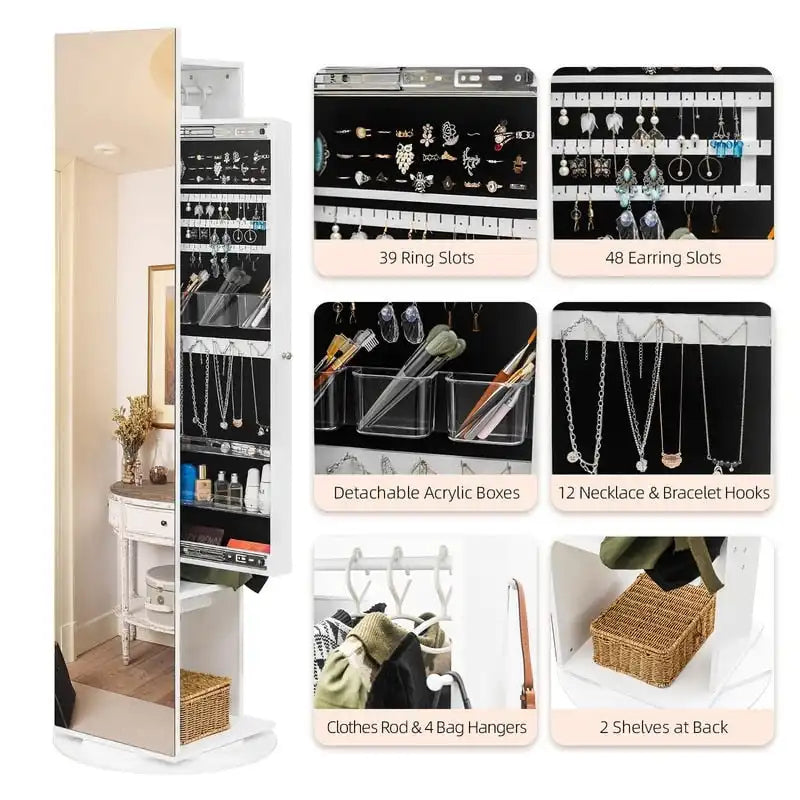 Miroir-armoire à bijoux pleine longueur 360° avec portemanteau – S.O.