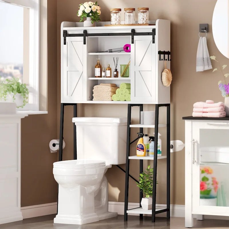 Étagère de rangement de 61 po pour dessus de toilette avec porte coulissante de style rustique et base en métal