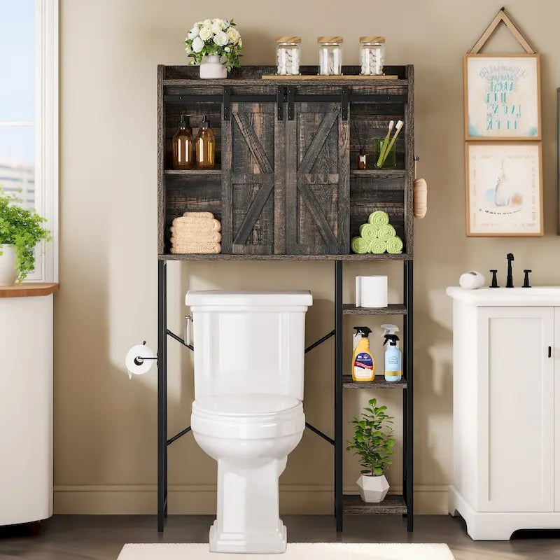 Étagère de rangement de 61 po pour dessus de toilette avec porte coulissante de style rustique et base en métal