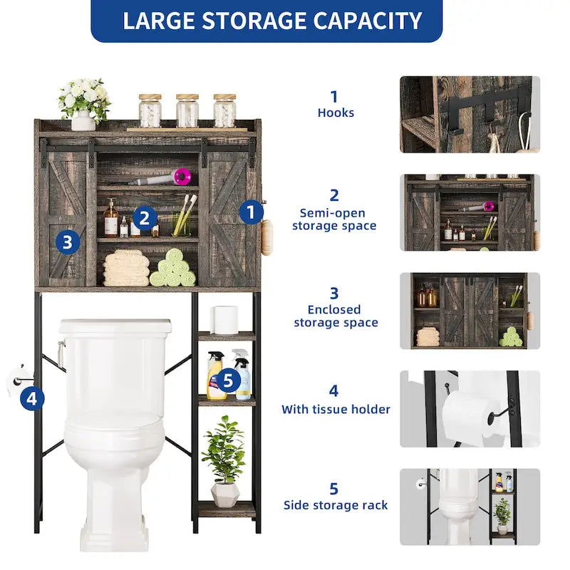 Étagère de rangement de 61 po pour dessus de toilette avec porte coulissante de style rustique et base en métal