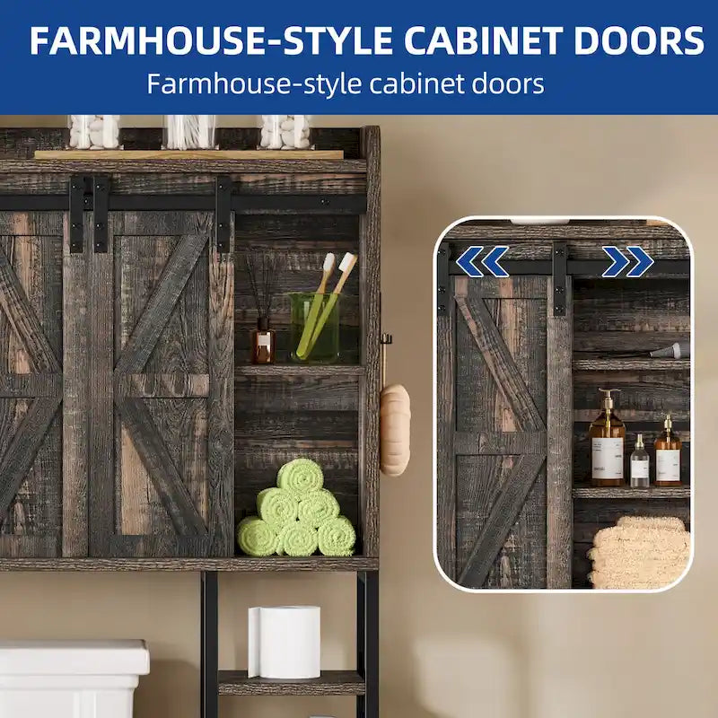 Étagère de rangement de 61 po pour dessus de toilette avec porte coulissante de style rustique et base en métal