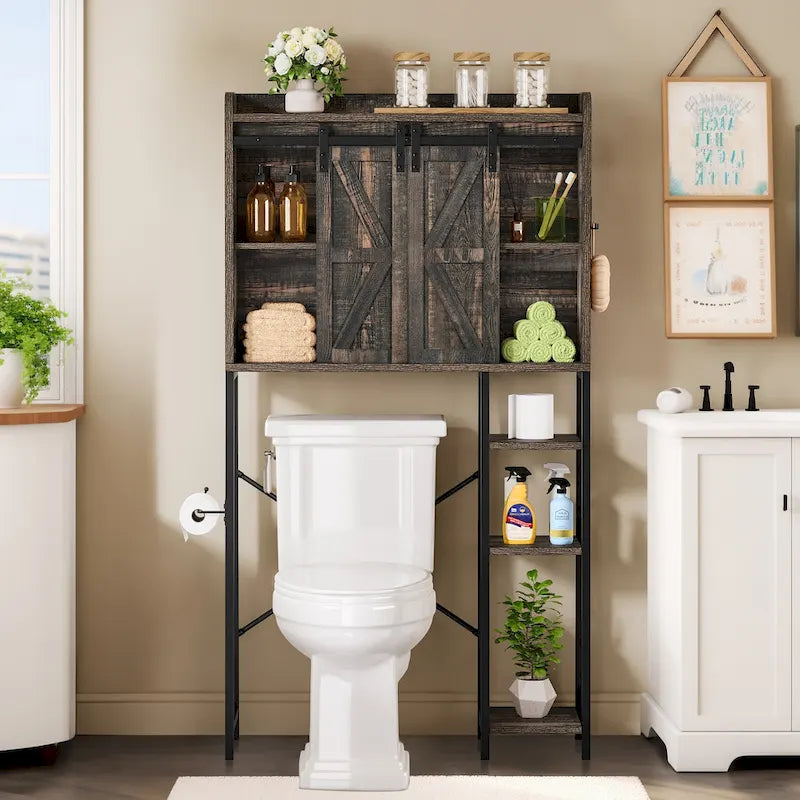 Étagère de rangement de 61 po pour dessus de toilette avec porte coulissante de style rustique et base en métal