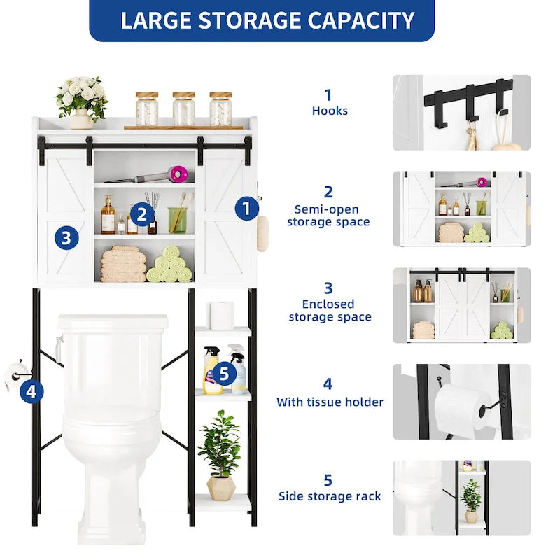 Étagère de rangement de 61 po pour dessus de toilette avec porte coulissante de style rustique et base en métal