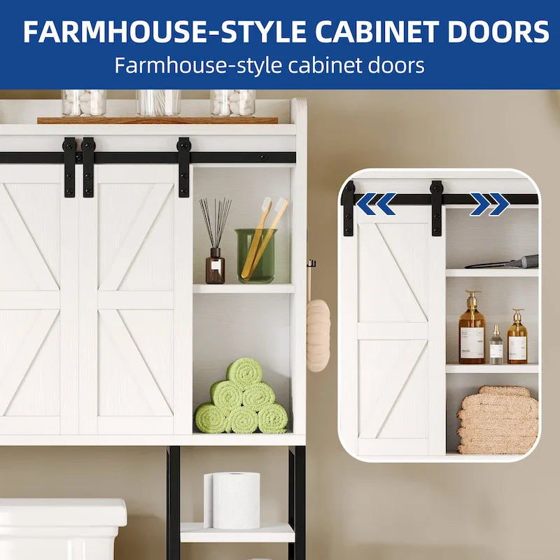 Étagère de rangement de 61 po pour dessus de toilette avec porte coulissante de style rustique et base en métal