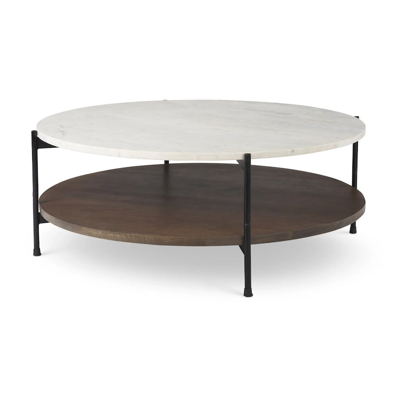 Table basse ronde Larkin à deux niveaux avec plateau en marbre blanc et bois massif