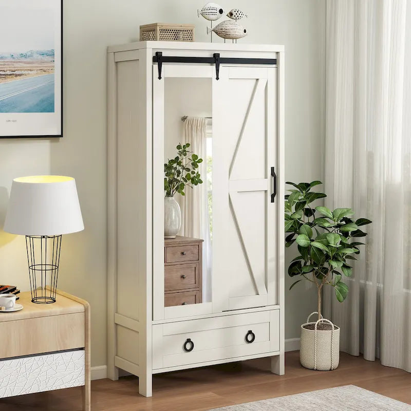 Armoire de rangement haute et large avec portes et miroir pleine longueur pour salle de bain