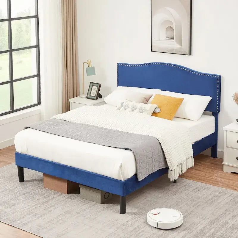 Cadre de lit plateforme rembourré avec tête de lit cloutée, lit double, grand lit, très grand lit – Bleu