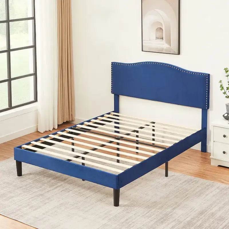 Cadre de lit plateforme rembourré avec tête de lit cloutée, lit double, grand lit, très grand lit – Bleu