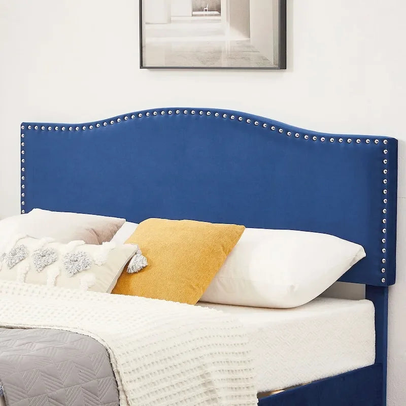 Cadre de lit plateforme rembourré avec tête de lit cloutée, lit double, grand lit, très grand lit – Bleu