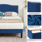 Cadre de lit plateforme rembourré avec tête de lit cloutée, lit double, grand lit, très grand lit – Bleu