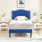 Cadre de lit plateforme rembourré avec tête de lit cloutée, lit double, grand lit, très grand lit – Bleu