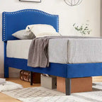 Cadre de lit plateforme rembourré avec tête de lit cloutée, lit double, grand lit, très grand lit – Bleu