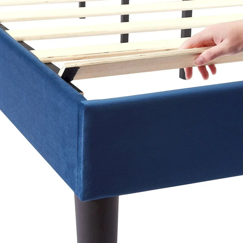Cadre de lit plateforme rembourré avec tête de lit cloutée, lit double, grand lit, très grand lit – Bleu