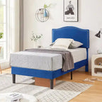 Cadre de lit plateforme rembourré avec tête de lit cloutée, lit double, grand lit, très grand lit – Bleu