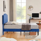 Cadre de lit plateforme rembourré avec tête de lit cloutée, lit double, grand lit, très grand lit – Bleu