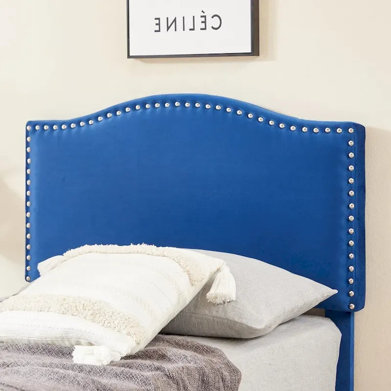 Cadre de lit plateforme rembourré avec tête de lit cloutée, lit double, grand lit, très grand lit – Bleu