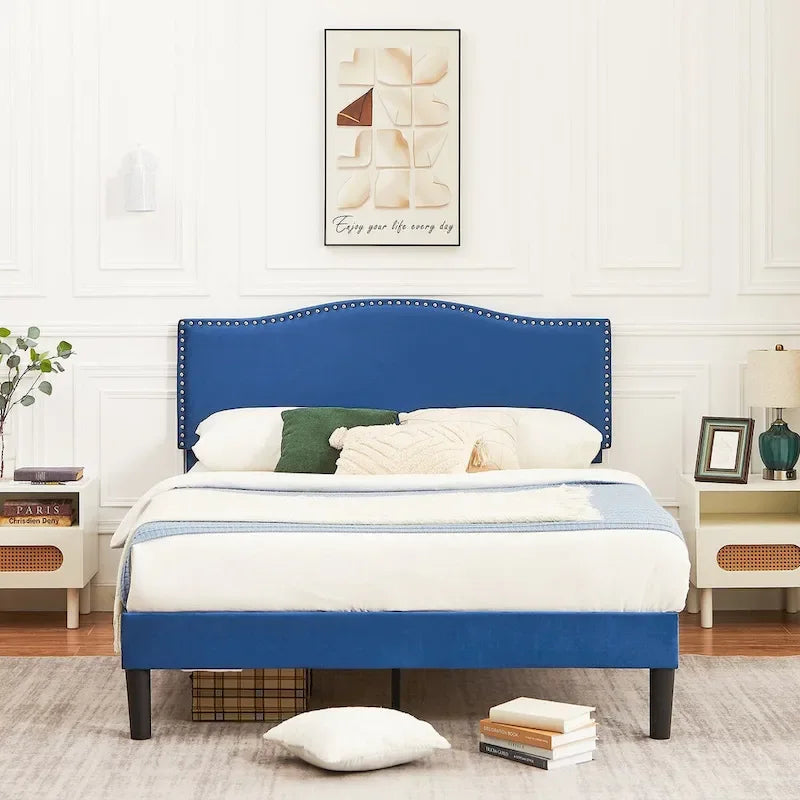 Cadre de lit plateforme rembourré avec tête de lit cloutée, lit double, grand lit, très grand lit – Bleu