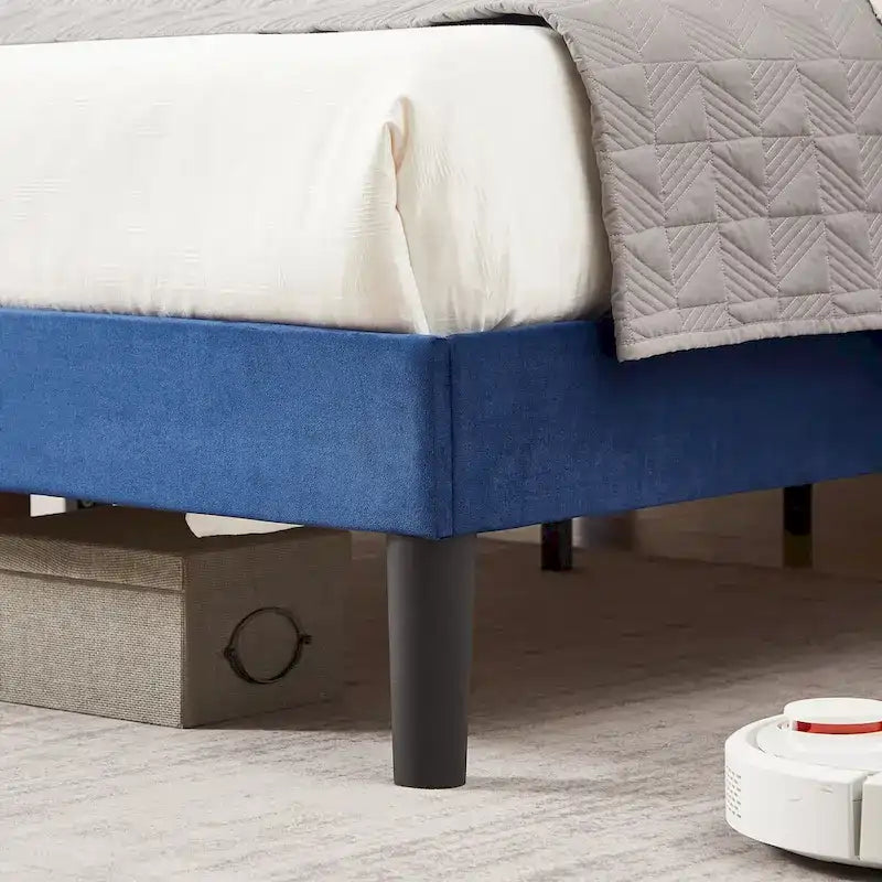 Cadre de lit plateforme rembourré avec tête de lit cloutée, lit double, grand lit, très grand lit – Bleu
