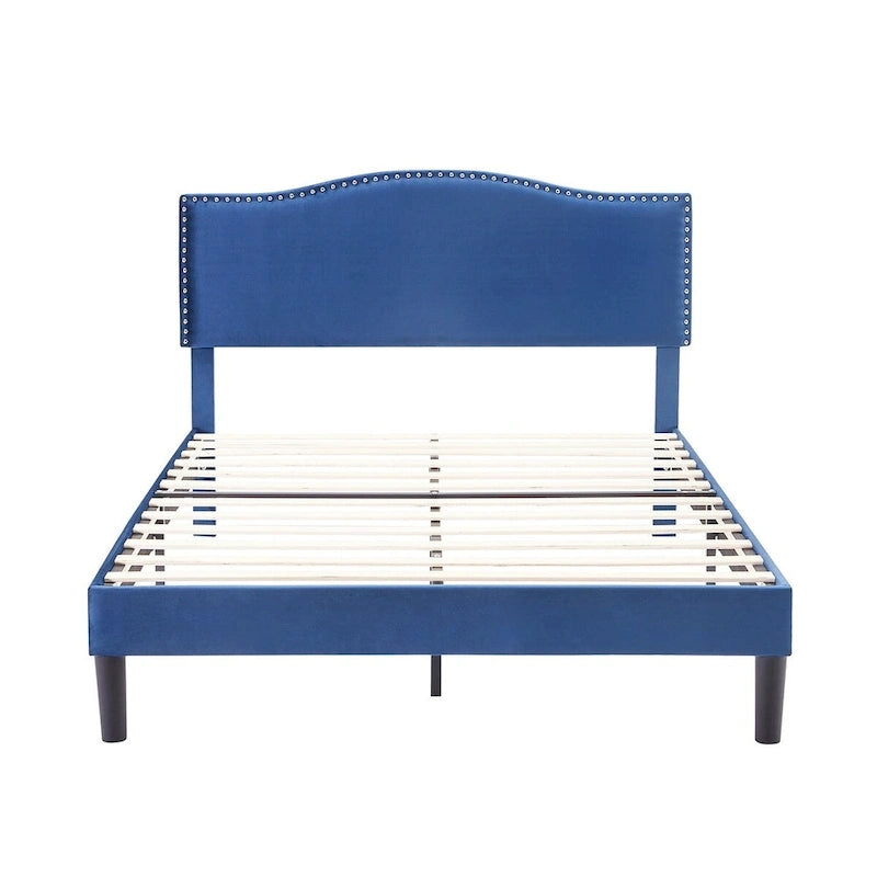 Cadre de lit plateforme rembourré avec tête de lit cloutée, lit double, grand lit, très grand lit – Bleu