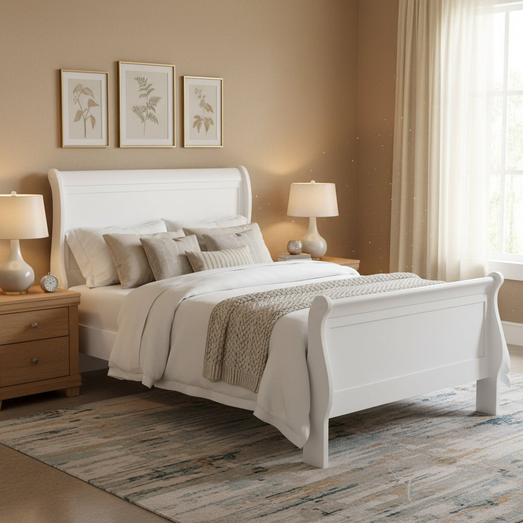Vele Twin Size Bed with Panel Headboard, Sleigh Design, White Wood Finish