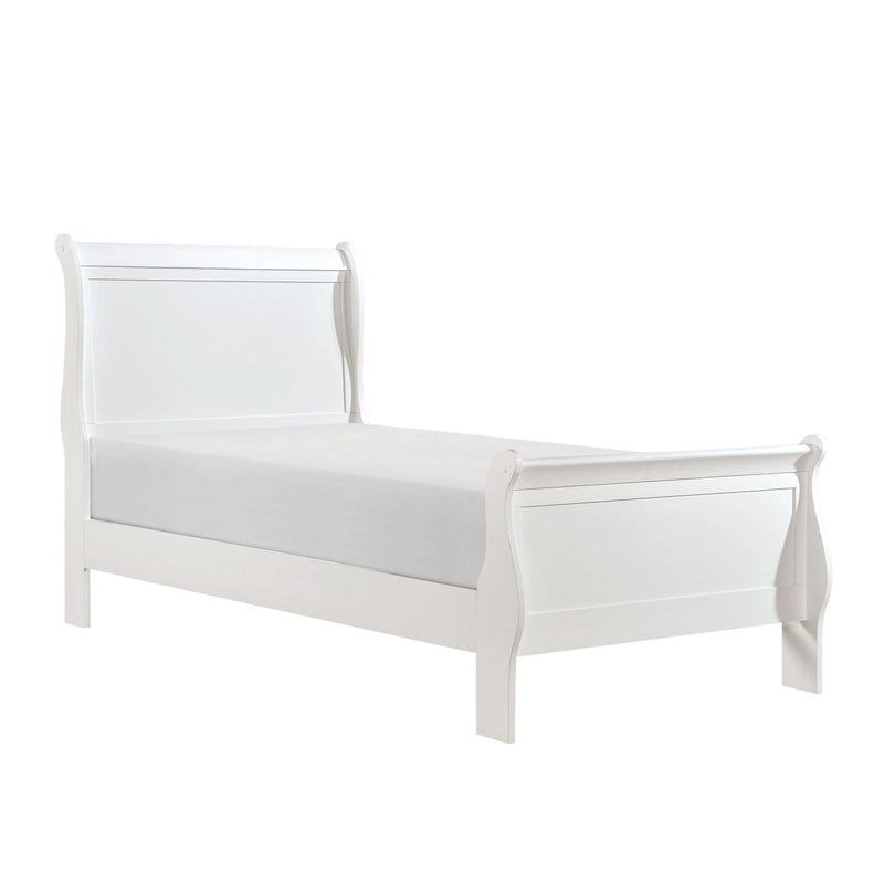 Lit double avec tête de lit à panneaux, design traîneau, finition bois blanc