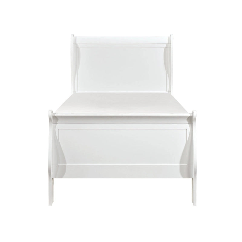 Lit double avec tête de lit à panneaux, design traîneau, finition bois blanc