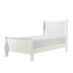 Lit double avec tête de lit à panneaux, design traîneau, finition bois blanc