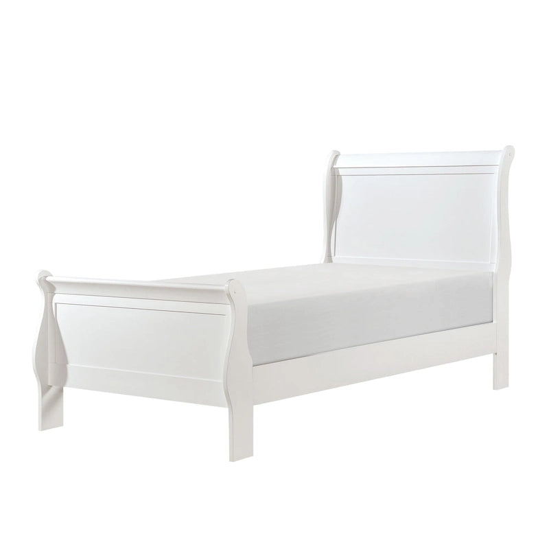 Lit double avec tête de lit à panneaux, design traîneau, finition bois blanc